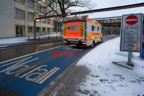 Ambulance on an emergency lane at the University Hospital, Erlangen, Middle Franconia, Bavaria,