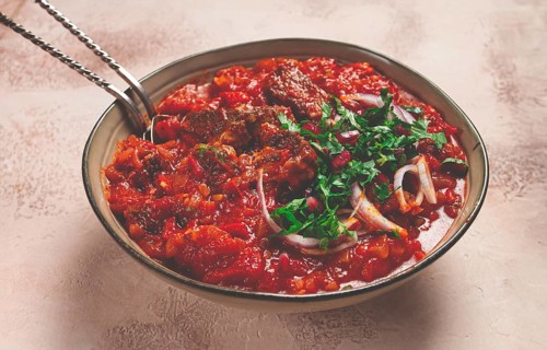 Chashushuli, a traditional Georgian dish, spicy, stewed meat with tomatoes and spices, homemade, no