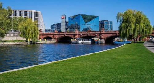 Architecture and landscape on the banks of the Spree in Berlin Mitte, Germany