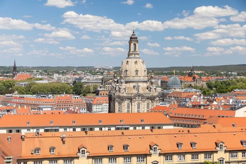 View from the tower of the Kreuzkirche to the historic city centre with the dome of the Church of
