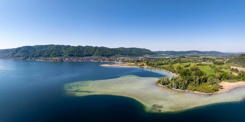 Aerial view, panorama of the mouth of the Stockacher Aach at low water, which flows into Lake