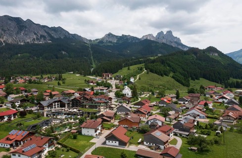 Drone image, view of the village, Grän, Tannheimer Tal, Reutte district, Tyrol, Austria