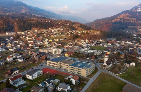 Drone image, residential buildings, settlement area, parish church, Thuringia, Großes Walsertal,