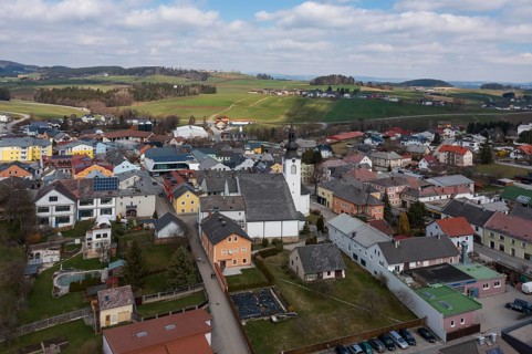 Drone image, view of the town, Lembach im Mühlkreis, Mühlviertel, Upper Austria, Austria