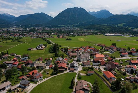 Drone image, view of the village with parish church, Wängle, Rettener Becken, Tyrol, Austria