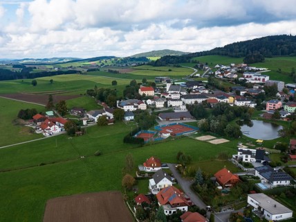 Drone image, view of the village with parish church, Grünbach near Freistadt, Mühlviertel, Upper