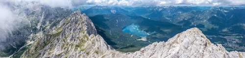 Aerial view, Waxenstein, Eibsee lake and Wetterstein Mountains, Garmisch-Patenkirchen, Bavaria,