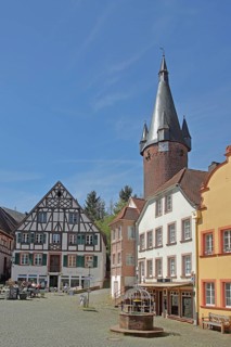 Historic houses, half-timbered houses and old tower of the Protestant church, landmark, Town Hall