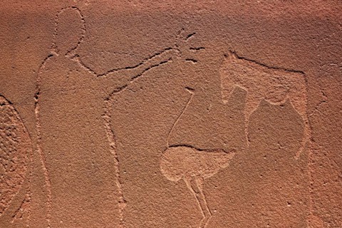 Rock engraving of a human with raised arm as well as ostrich and zebra, God's plate, near De Riet,