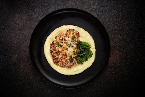 Cauliflower steak, with mashed potatoes, spices and herbs, homemade, no people