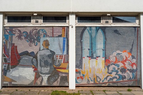 Two excerpts from the glass mosaic Man conquers the cosmos in the style of Eastern Modernism, man