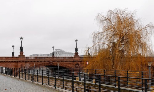 Rainy weather, historic candelabra at the Möckernbrücke in Berlin's government district, Germany