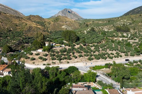 Lush green mountain landscape with hills, trees and a small village on a winding road, near Bedmar