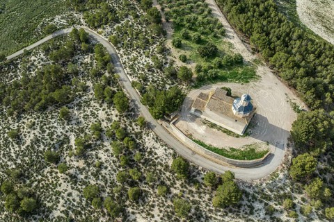 Chapel Ermita de San Miguel, village Varfarta, aerial view, Aragon, Spain