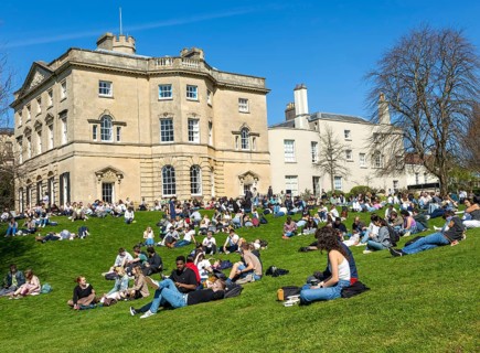 Students on lawn sunbathing, Royal Fort House architect James Bridges 1761, University of Bristol,