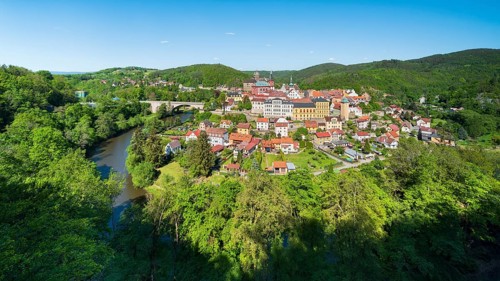 View of the town of Loket on the River Cheb, Loket, Bohemia, West Bohemia, Karlovy Vary, Karlovy