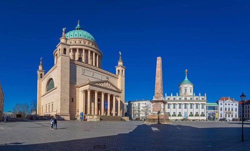 Old Market with obelisk in the centre with view of St. Nikolai Church and Old Town Hall in Potsdam,