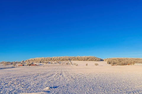 Beautiful wintry landscape with snow and frost on a cold winter day in the countryside, Ålleberg,