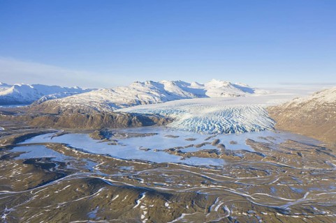 Aerial view over ice tongue Falljökull in winter, one of many outlet glaciers of Vatnajökull, Vatna