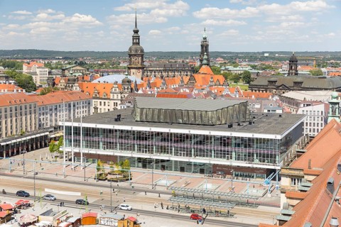 View from the tower of the Kreuzkirche of the Old Town with Altmarkt, Palace of Culture, Palace and
