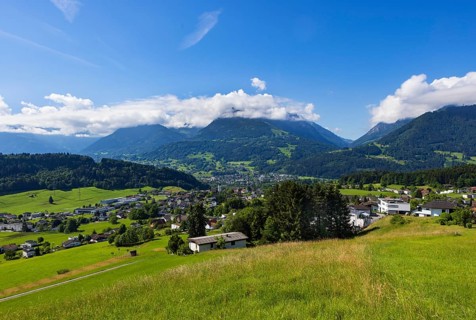 View of the village with parish church, Göfis, Walgau, Vorarlberg, Austria