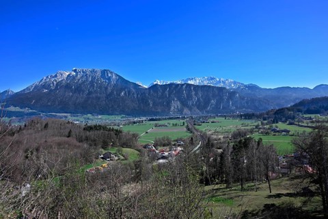 View from the Auerburg ruins near Oberaudorf to the Wilder Kaiser, mountain range in Tyrol, Austria