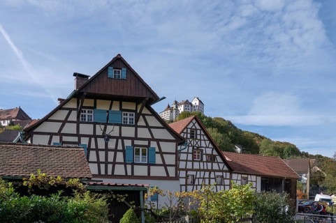 Historic half-timbered houses, above Egloffstein Castle, Upper Franconia, Bavaria, Germany