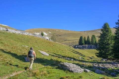 Hiker walking towards rock formations of surface karst, circular hike Monte Fior, Foza, province of