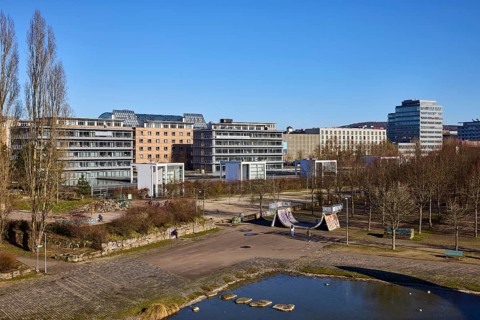 Park, skate park, paths, trees, lawn, modern architecture, concrete buildings, skyscrapers, bird's