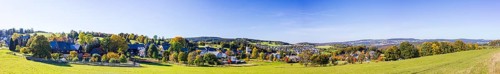 Panoramic view of Crandorf with village church, Bermsdorf over Schwarzenberg to the King Albert