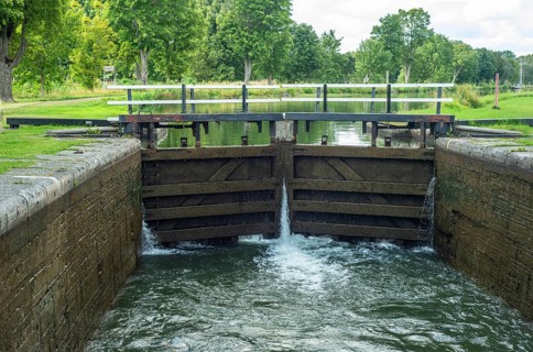 Lock in the Göta Canal. Göta Canal was built between 1810 and 1832 and runs right through Sweden.