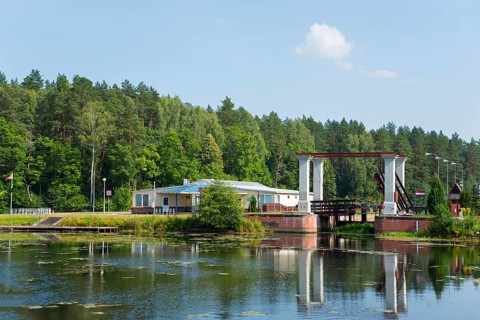 Landscape with lock and bridge, surrounded by forests and water, Sluza Kurzyniec, Sluza, lock,