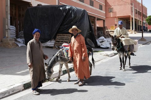 Berber people and donkeys in the street of a small town, Morocco