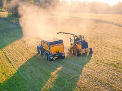 Two agricultural machines harvesting a field at sunset while dust swirls up, Haselstaller Hof,