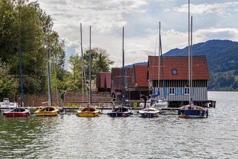Boathouses in Bühl, Großer Alpsee, near Immenstadt, Oberallgäu, Allgäu, Bavaria, Germany