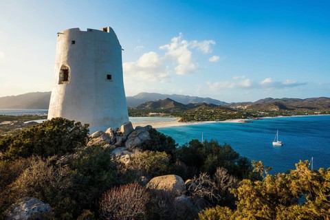 Panorama, Saracen tower and beach, Torre di Porto Giunco, Spiaggia di Porto Giunco, Capo Carbonara,