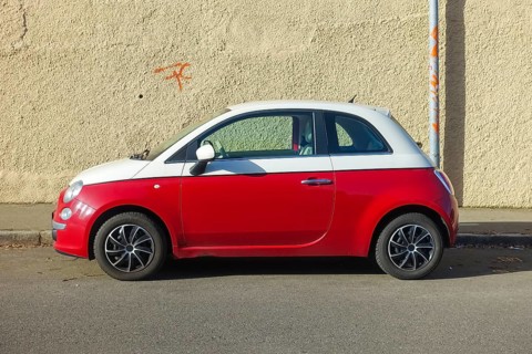 Fiat 500, automobile, small car, motor vehicle, motor vehicle, parking, painted red and white,