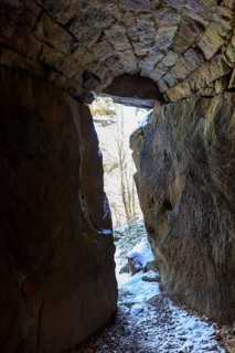 The so-called dwarf cave near the Schönen Höhe in winter, Dürrröhrsdorf-Dittersbach, Saxony,