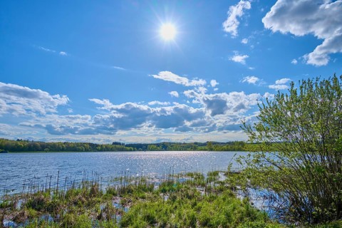Ober- Moosersee surrounded by green fields and trees under a partly cloudy blue sky, spring,