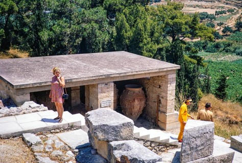 Tourists visiting Bronze Age Minoan archaeological site of Knossos, Crete, Greece, Europe 1968