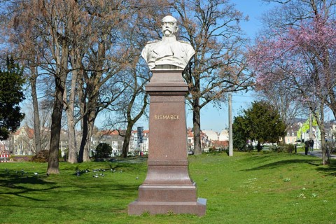 Heidelberg, Germany, March 2019: Bust monument statue of politician Otto von Bismarck in the city
