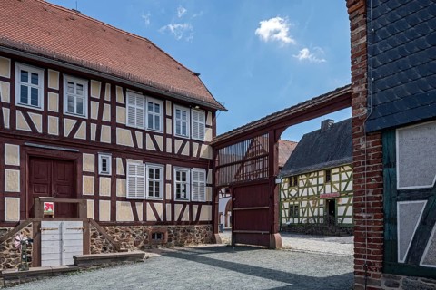 House from Langen-Bergheim, courtyard with gateway, farm, house from Schadeck, village shop,