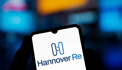 Hannover re logo is displayed on smartphone.Hannover Re is a reinsurance company