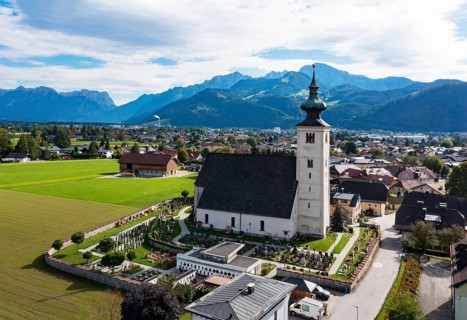 Drone image, view of village with parish church, Oberalm, Flachgau, Salzburg province, Austria