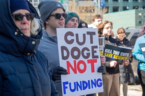 Detroit, Michigan USA - 8 April 2025 - Labor unions hold a 'Kill the Cuts' rally at Wayne State