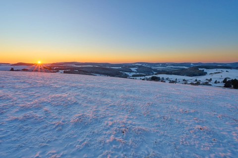 Sunrise over a snowy winter landscape, Winter, Wasserkuppe, Gersfeld, Rhön, Hesse, Germany