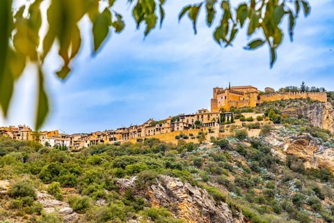 Alquezar mountain village, medieval town of Huesca seen from below, Spain