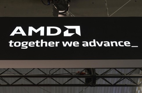 AMD chip manufacturer, logo at the trade fair stand, MWC Mobile World Congress 2024, Barcelona,