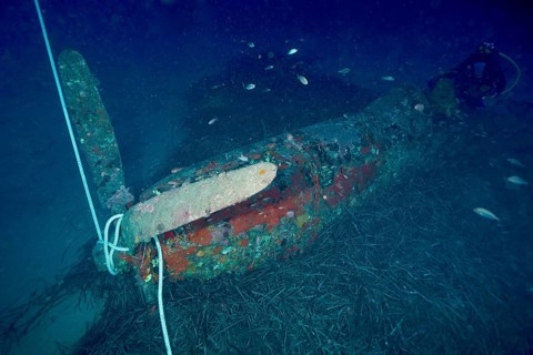 World War II aircraft wreck in deep blue underwater, dive site aircraft wreck Mustang P51, Giens