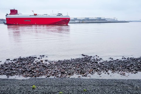 Transport ship on the Elbe in Hamburg harbour, customs, red, maritime trade, Germany